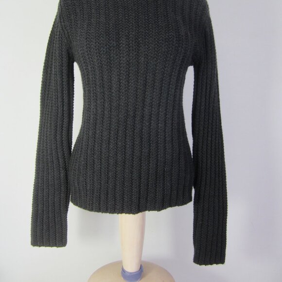 Vtg Theory Women L Charcoal Gray Black LS Wool Textured Rib Mock Neck Sweater - Picture 10 of 10